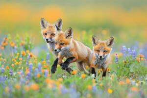 Two Foxes Running Through a Field of Wildflowers Background photo