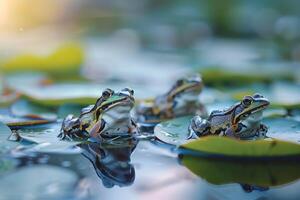 Three frogs sitting on top of lily pads in a pond background photo