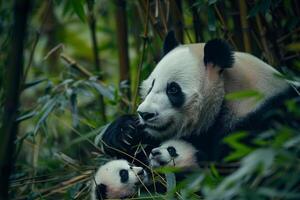 Panda bear with her cubs in the bamboo forest background photo