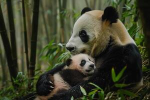 Panda bear and her cub in the bamboo forest background photo