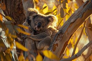Koala bear in a tree at sunset background photo