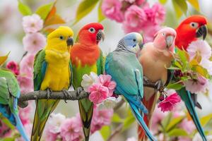 Colorful parrots sitting on a branch with pink flowers background photo