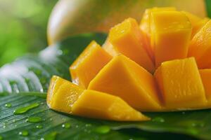 a mango is cut into pieces on a leaf photo