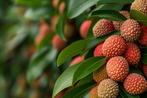 a bunch of litchi fruit hanging from a tree photo