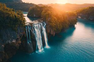 beautiful waterfall in the sunset in the philippines photo