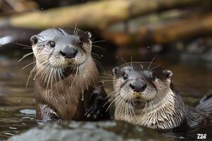Two Otters Are in the Water and Looking at the Camera, nature background photo