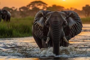 An elephant crossing the river at sunset background photo