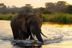 An elephant walking through the water at sunset background photo
