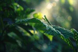 praying mantis on a leaf background photo