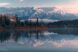 Mountains Reflected in a Lake with Trees in the Foreground Background photo