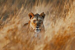 Lion Walking Through Tall Grass in Natural Habitat Background photo