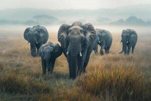 Herd of Elephants Walking Across Field in Savannah Preserve Background photo