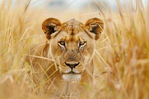 Lion Walking Through Tall Grass in Safari Background Background photo