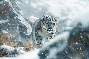 Snow Leopard Sitting on Rock in Arctic Wilderness Background photo