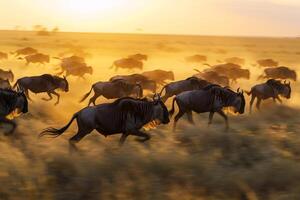 Herd of Wildebeest Running in African Savannah Background photo