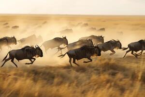Herd of Wildebeest Running in African Landscape Background photo