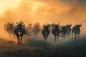 Herd of Wildebeest Running in African Wilderness Background photo