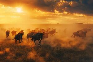 Herd of Wildebeest Running in African Safari Background photo