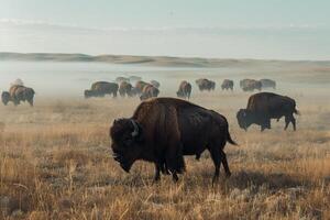 Herd of Bison in Field with American Prairie Background photo