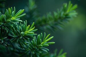 of green pine needles on a dark background photo