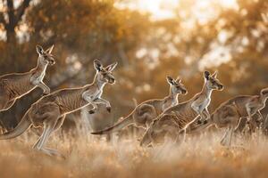 a group of kangaroos running in the grass photo