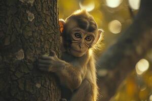 a monkey is sitting on a tree trunk photo