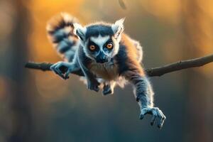 a lemur is sitting on a branch with its eyes open photo