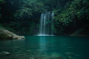 a waterfall in the middle of a forest photo