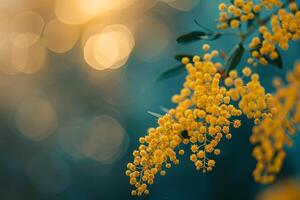 yellow flowers on a branch with a blurred background photo