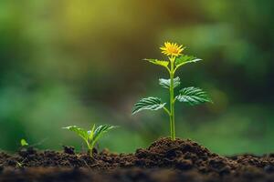 a small yellow flower is growing out of the ground photo
