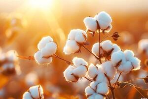 cotton field with sun shining in background photo