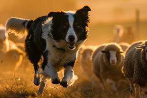 Dog Running with Sheep in Field Background photo