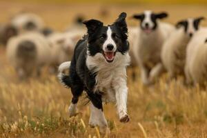 Dog Running Through Field of Sheep Background photo