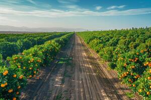 Orange Grove with Orange Trees and Dirt Road Background photo
