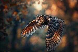 An Owl Flying Through the Air with Its Wings Spread Background photo