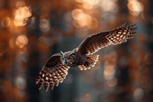 An Owl Flying Through the Air in the Forest Background photo