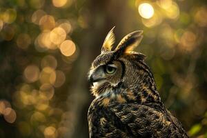 An Owl Is Standing in Front of a Tree Background photo