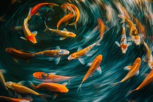 Group of Koi Fish Swimming in Circular Pattern Background photo