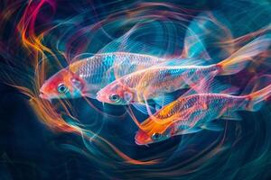 Three Fish Swimming in Circle with Colorful Swirls Background photo