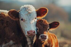 Cow and Calf Standing Together in a Field Background photo