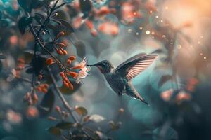 a hummingbird is flying over a flower background photo