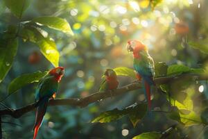 three parrots sitting on a branch in the sun background photo
