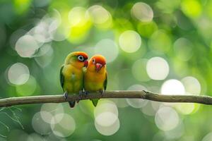 two lovebirds sitting on a branch with green background photo