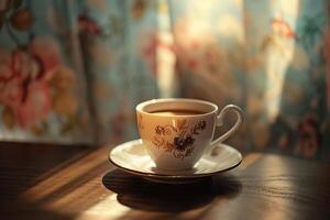 Cup of Coffee on a Saucer on a Table Background photo