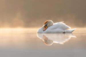 Swan Floating on Water in the Morning Background photo