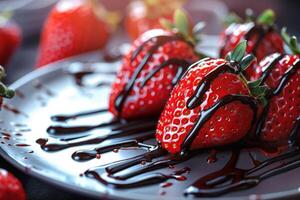 Plate with strawberries and chocolate drizzle on background photo