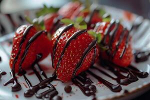 Plate with strawberries and chocolate drizzle on background photo