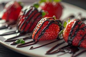 Plate topped with strawberries and chocolate with background photo