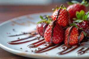 Plate with strawberries and chocolate drizzle on background photo