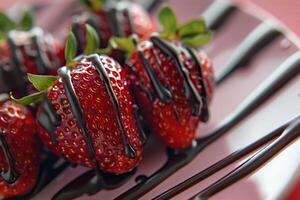 Plate of strawberries with chocolate drizzle and background photo